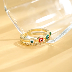 Adjustable gold evil eye open ring with colorful enamel and micro-set zircon accents