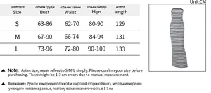 Size chart for striped slim fit maxi dress with detailed bust, waist and hip measurements