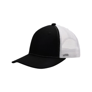 Classic black and white flat brim mesh trucker hat with breathable mesh back panels