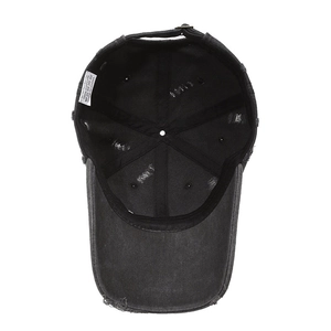 Distressed black vintage baseball cap in 100% cotton with ripped edge detail