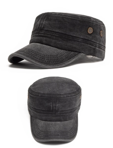 Detail of dark grey washed cotton cadet hat with side vents and reinforced stitching