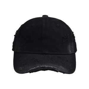 Classic black distressed baseball cap with ripped details and a streetwear aesthetic