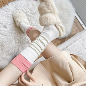 Women Knee High Socks Knit Polyester Color Block Splicing Ribbed Cuff Slouchy Calf Length Trendy Style JK Stockings