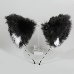 Handmade black and white faux fur cat ears headband for cosplay and Lolita fashion