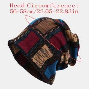 Detailed view of checkered knit beanie with size guide for 56-58cm head circumference