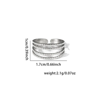 Detailed size guide for silver multi-layer open ring showing 1cm width and 1.7cm diameter