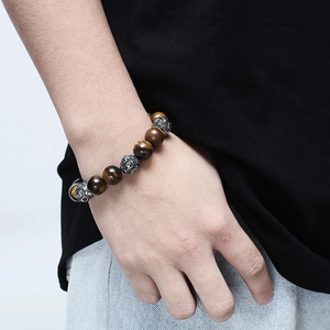 Men's retro tiger eye stone beaded bracelet with vintage stainless steel accents