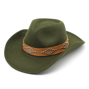 Detail of olive green felt cowboy hat with studded brown leather band at 45-degree angle