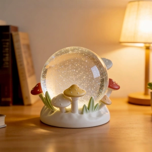 Mushroom crystal ball lamp on wood desk with warm forest themed base and sequins