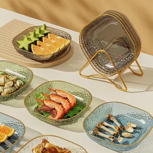 Square Spit Bone Dish PET Plastic Hammered Texture Gold Rim Transparent Luxury Snack Serving Tray With Storage Rack