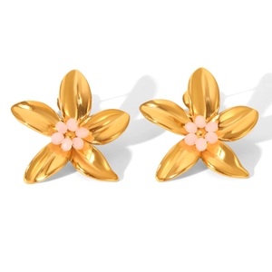 Detailed close-up of golden flower stud earrings with pink bead center and metallic finish