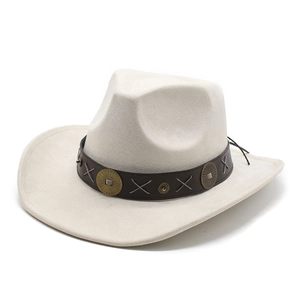 Classic cream western cowboy hat with brown leather band and vintage metal studs