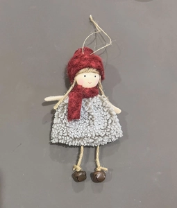 Detail of a handmade Christmas angel ornament with red knit hat and grey fleece dress