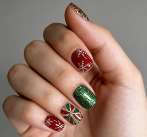 Close-up of festive red and green press-on nails with snowflakes and glitter patterns