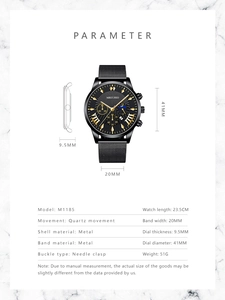 Detailed specs of the M1185 moon phase men's watch featuring a 41mm black mesh band