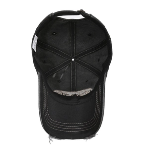 Black vintage distressed cotton baseball cap with worn brim and adjustable metal strap