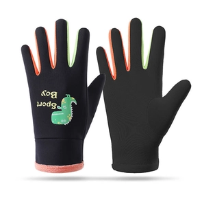 Detail view of kids windproof ski gloves with colorful fingers and plush fleece lining