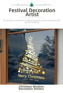 Detail of golden Christmas tree window sticker with festive stars and snowflakes