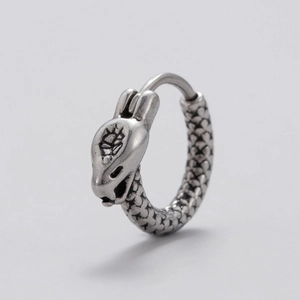 Gothic style snake hoop earring in silver stainless steel with detailed animal scales