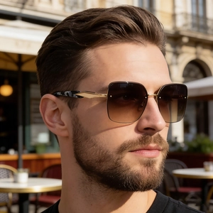 Fashion large frame sunglasses with gold metal frame and gradient brown lenses on model