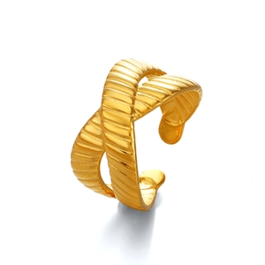 Minimalist gold geometric X-shaped cross open ring with vertical texture in titanium steel