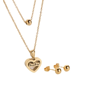Gold double-layer necklace set with heart pendant and bead earrings for women