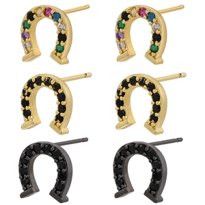 Micro-pave horseshoe stud earrings set with colorful cubic zirconia in three metal finishes