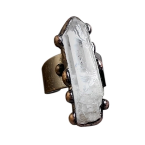 Vintage bronze adjustable ring with raw natural white crystal quartz point