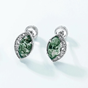 Minimalist S925 silver stud earrings with marquise-cut natural green moss agate gems