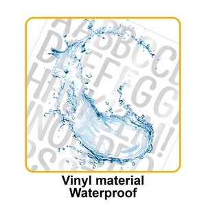 Waterproof vinyl 1-inch alphabet stickers shown with vivid water splash for durability