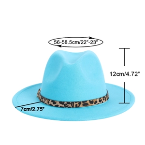 Chapeau fedora bleu ciel en laine avec ruban léopard et mesures de taille précises