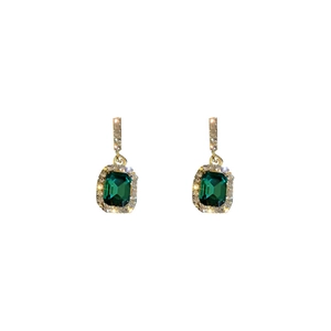 Elegant gold earrings with rectangular emerald stones and halo diamond-set accents