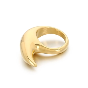 Polished gold stainless steel crescent moon ring with a minimalist hip-hop aesthetic design