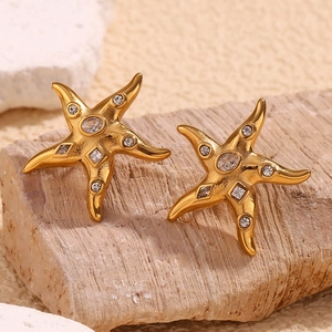 Vintage 18K gold plated stainless steel starfish stud earrings with sparkling crystals