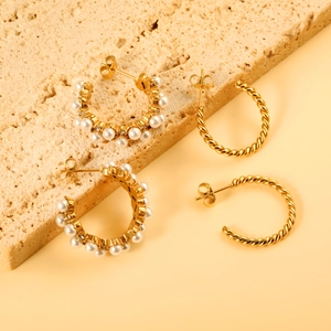 Stainless Steel Gold Plated C-Shaped Earrings With Imitation Artificial Pearl Rhinestone Twist Rope Geometric Retro Jewelry For Women