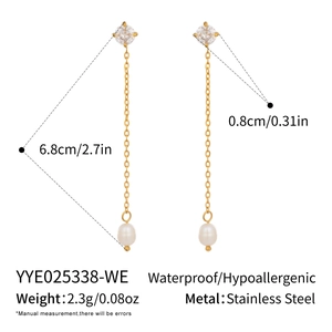 Detail of stainless steel gold chain earrings with 0.8cm stone and white pearl