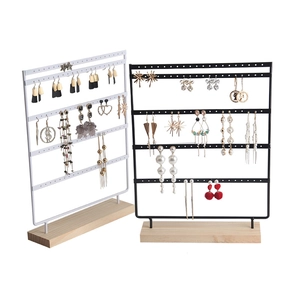 5-tier 100-hole metal earring display stand with wooden base in black and white