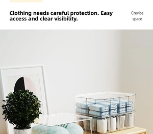 Detail of transparent storage box with dividers for socks and underwear organization