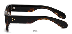 Close-up of tortoiseshell rectangle sunglasses with wide temples and star rivet details