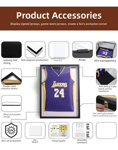 Detail of 98% UV protection and anti-theft gold hardware on black jersey display frame