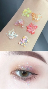 Swatches of six glitter eyeshadow gels with stars and hearts on arm and eye makeup
