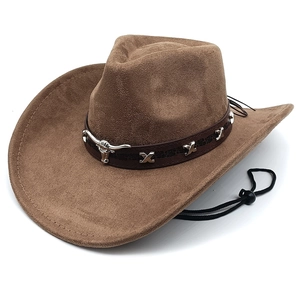 Brauner Western Cowboyhut aus Wildlederimitat mit Stierkopf-Detail und Kinnriemen
