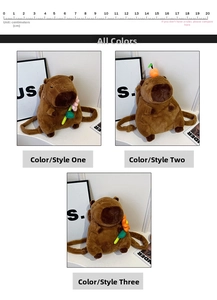Three variants of plush capybara backpacks with flower, orange and sunflower decorations