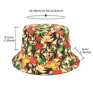 Cartoon orange cat and maple leaf print bucket hat with size dimensions 56-58cm