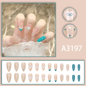24pcs French style almond press-on nails with Tiffany green, bows and heart patterns