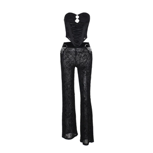 Détails du haut corset en dentelle noire à lacets et du pantalon large en dentelle assorti