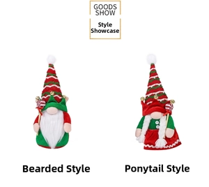 Detail showing plush Christmas gnomes with striped hats and bells in beard and braid styles