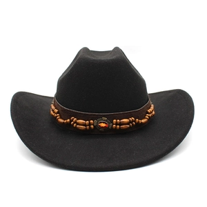 Chapeau de cowboy en feutre noir classique avec perles en bois et pierre précieuse orange