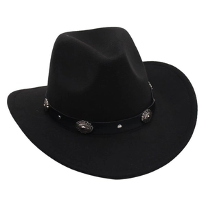 Detail of black cowboy hat with vintage silver ornaments on a decorative leather band