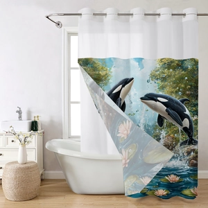 Detail view of waterproof shower curtain featuring jumping orcas and pink lotus flowers